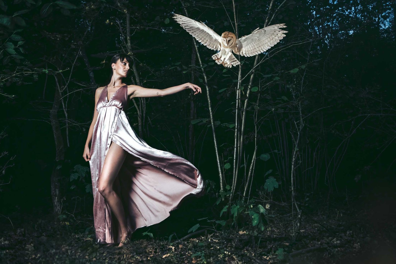 Photographie d'une danseuse et d'une chouette en forêt